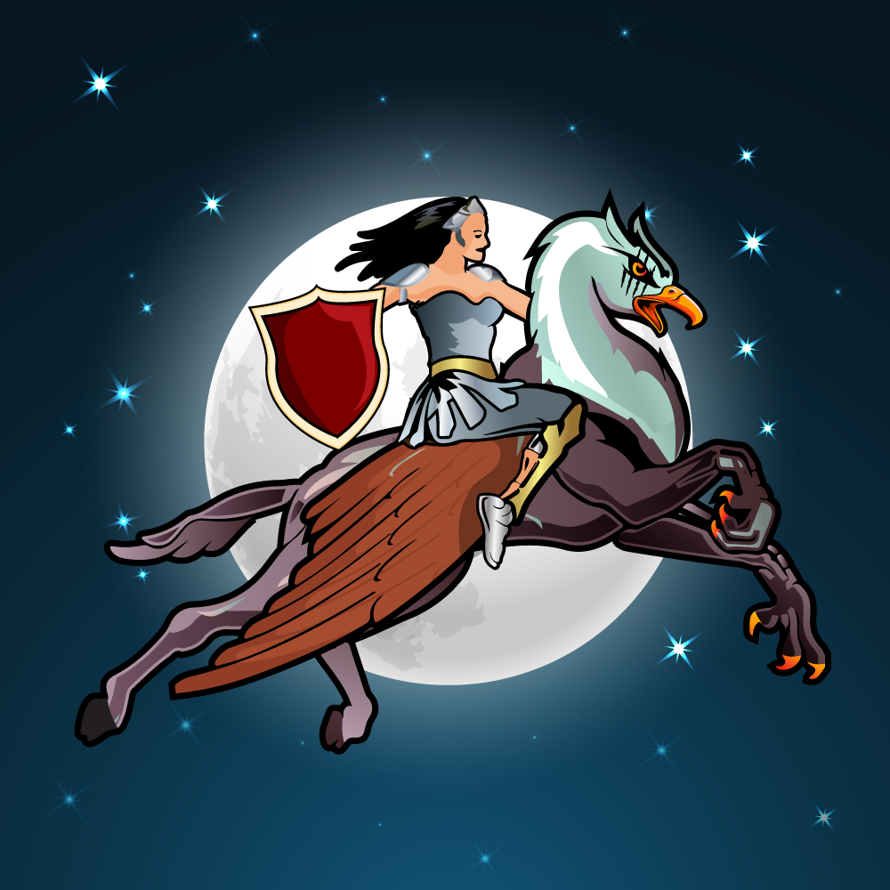 A woman warrior riding a Mod Hippogryph across a moonlit sky