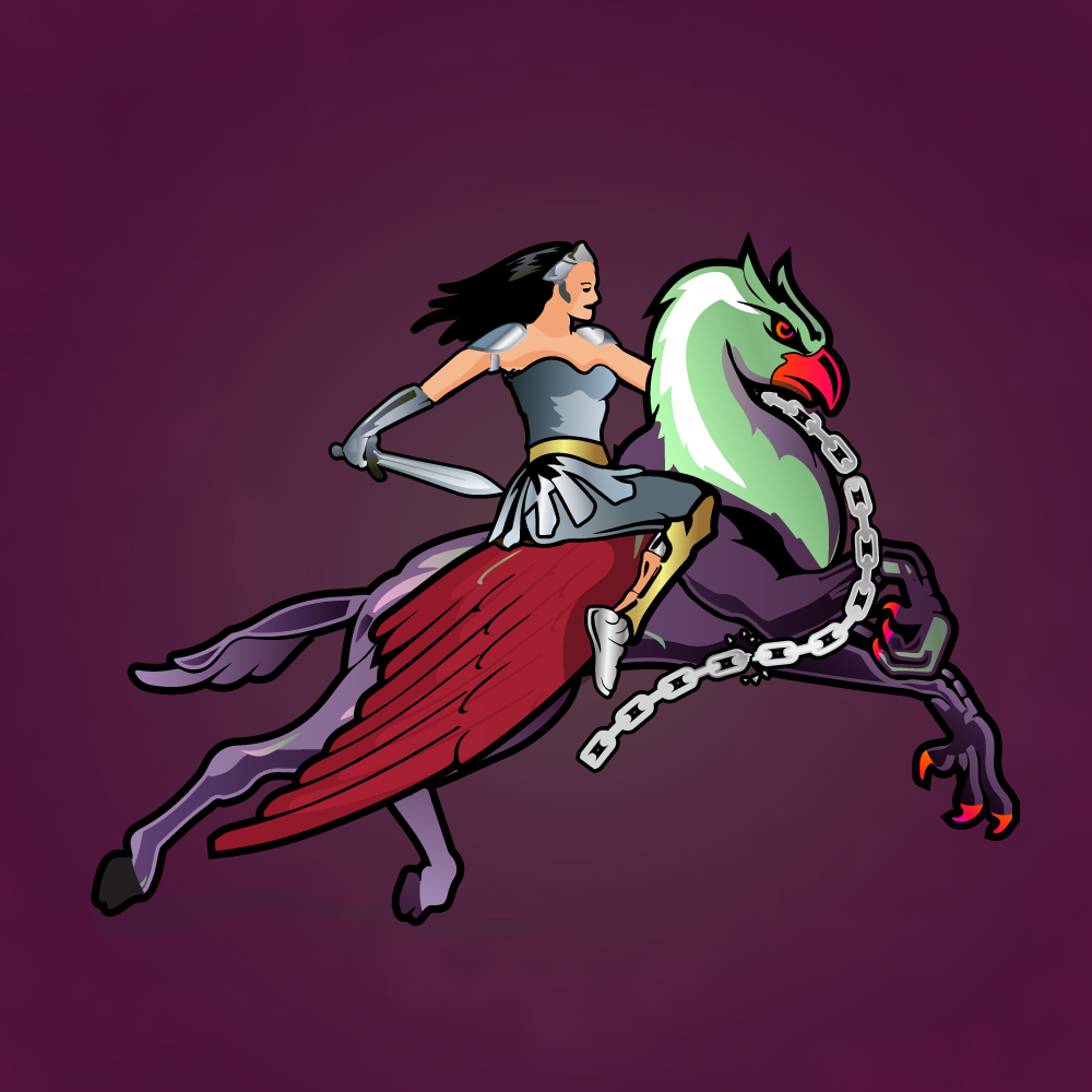 Female knight riding a chained Mod Hippogryph