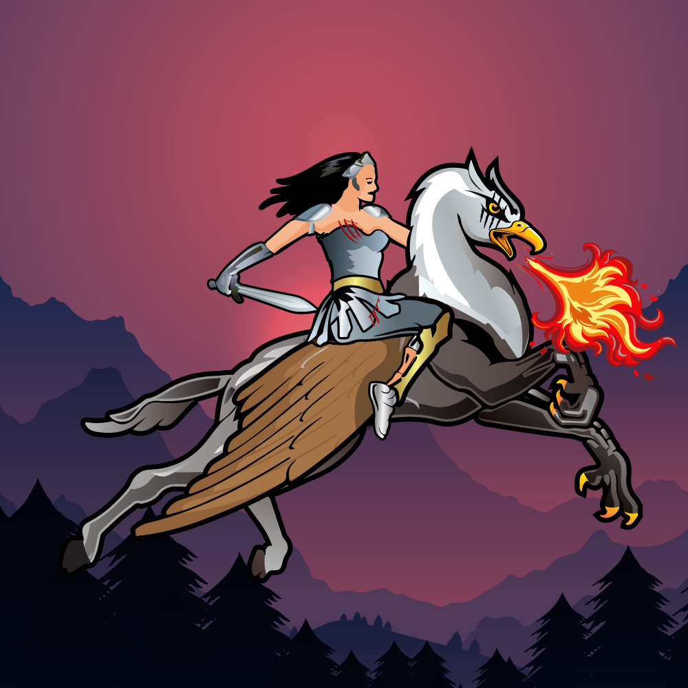 Female knight riding a fire-breathing Mod Hippogryph