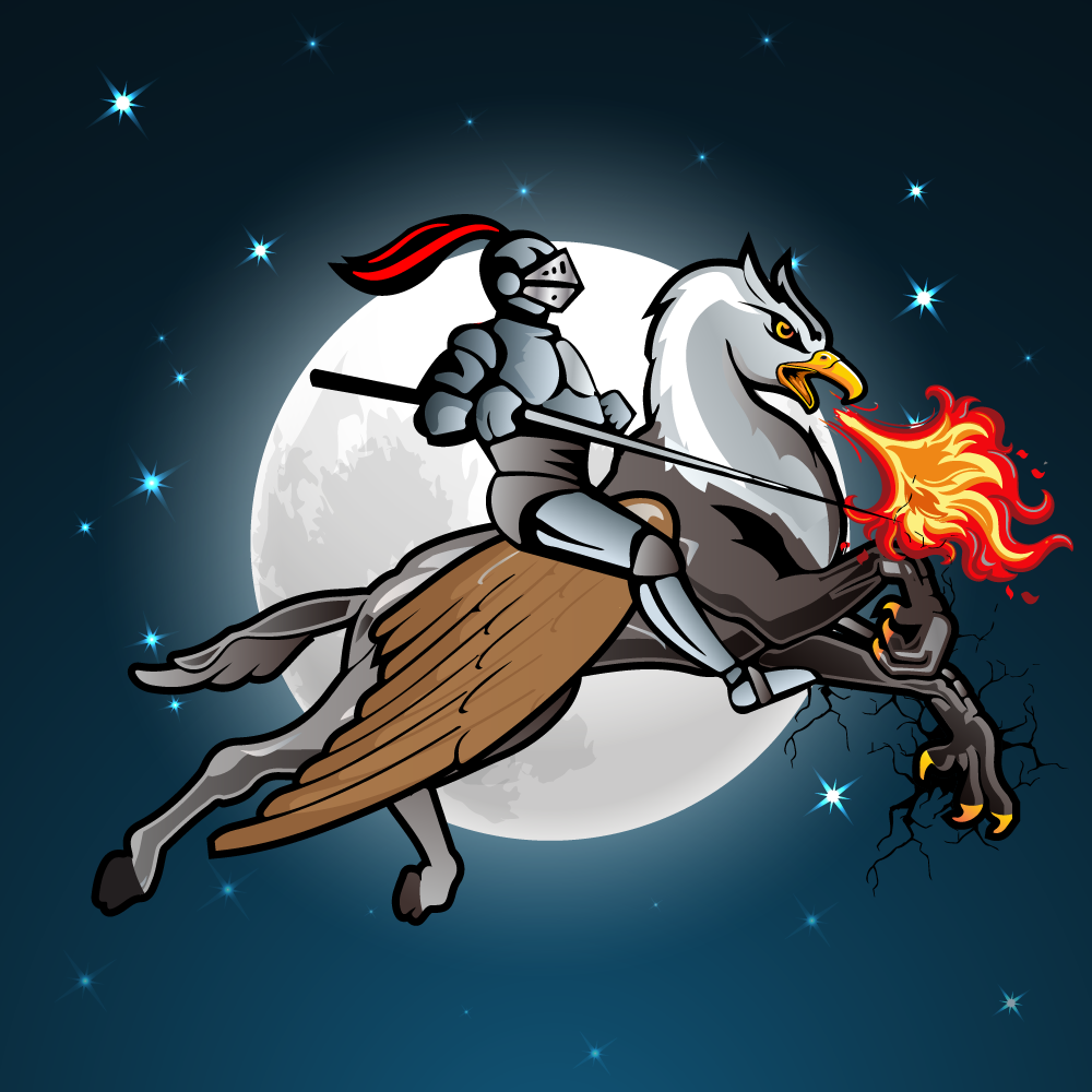 Male knight riding a fire-breathing Mod Hippogryph