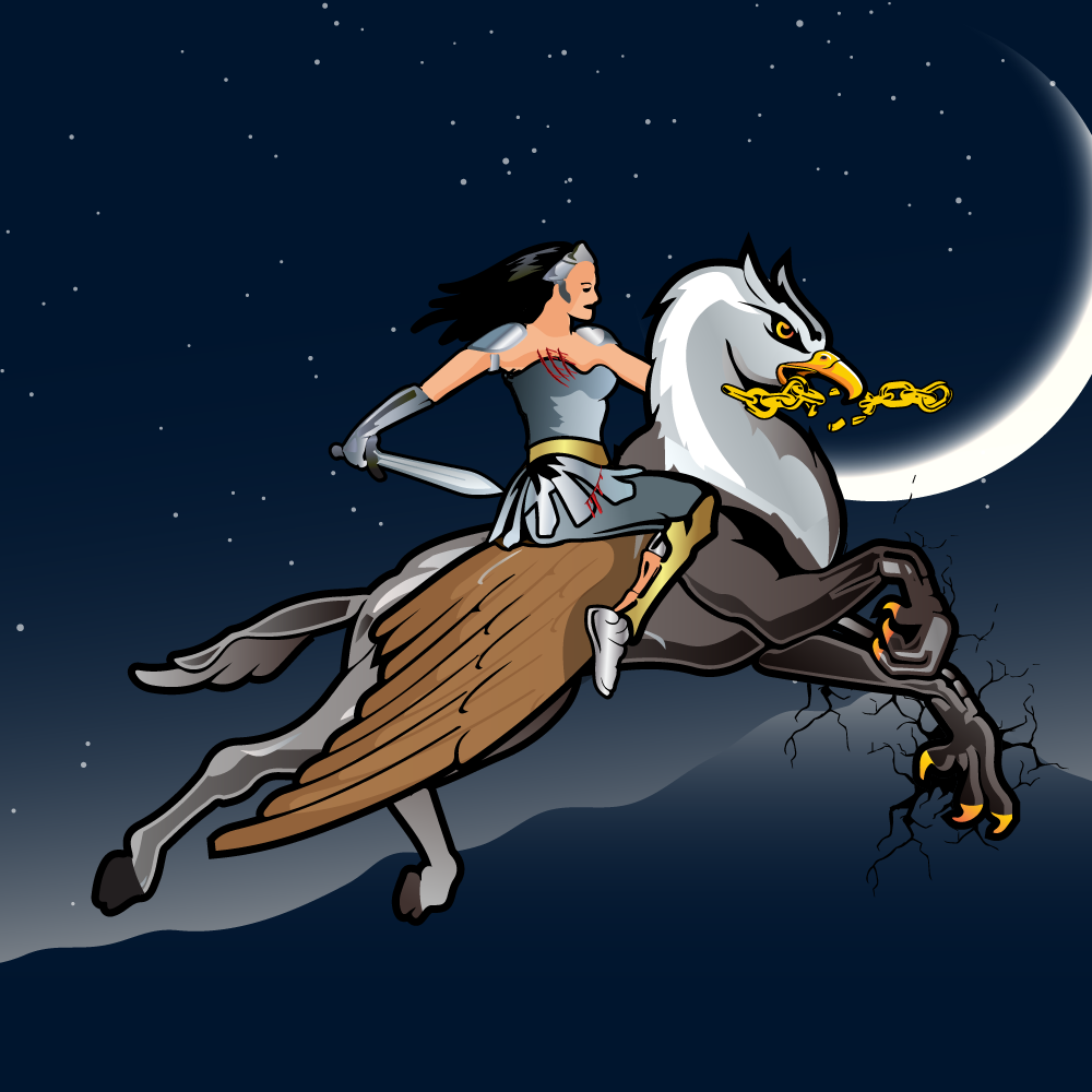 Female knight riding a Mod Hippogryph under a crescent moon