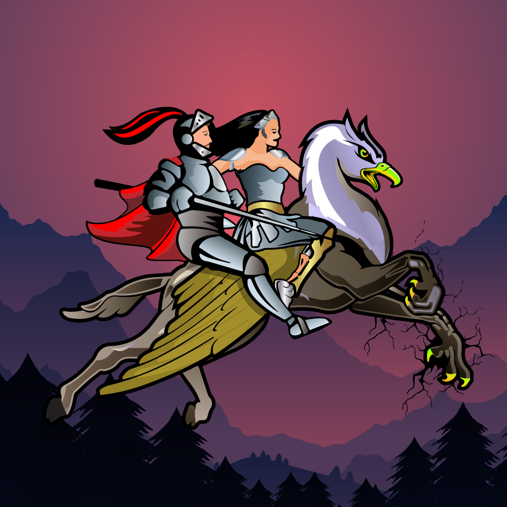 Male and female knights riding a Mod Hippogryph